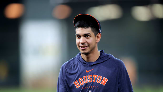 Sep 13, 2023; Houston, Texas, USA; Houston Astros center fielder Mauricio Dubon (14) prior to the game against the Oakland Athletics at Minute Maid Park. Mandatory Credit: Erik Williams-USA TODAY Sports